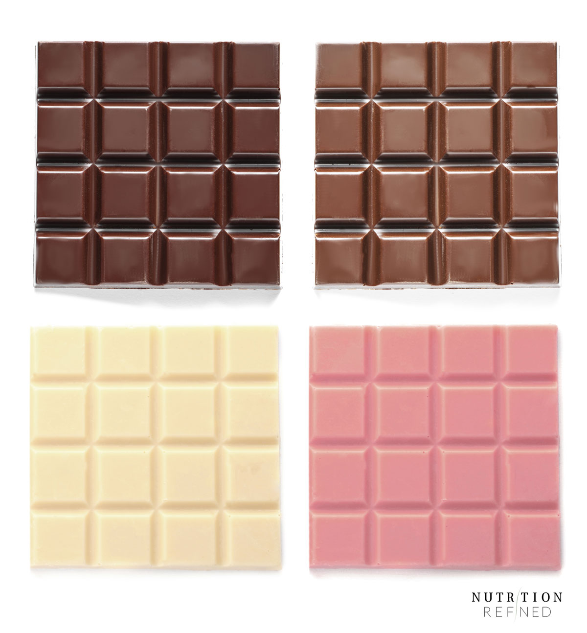 chocolate varieties - dark, milk, white, and ruby
